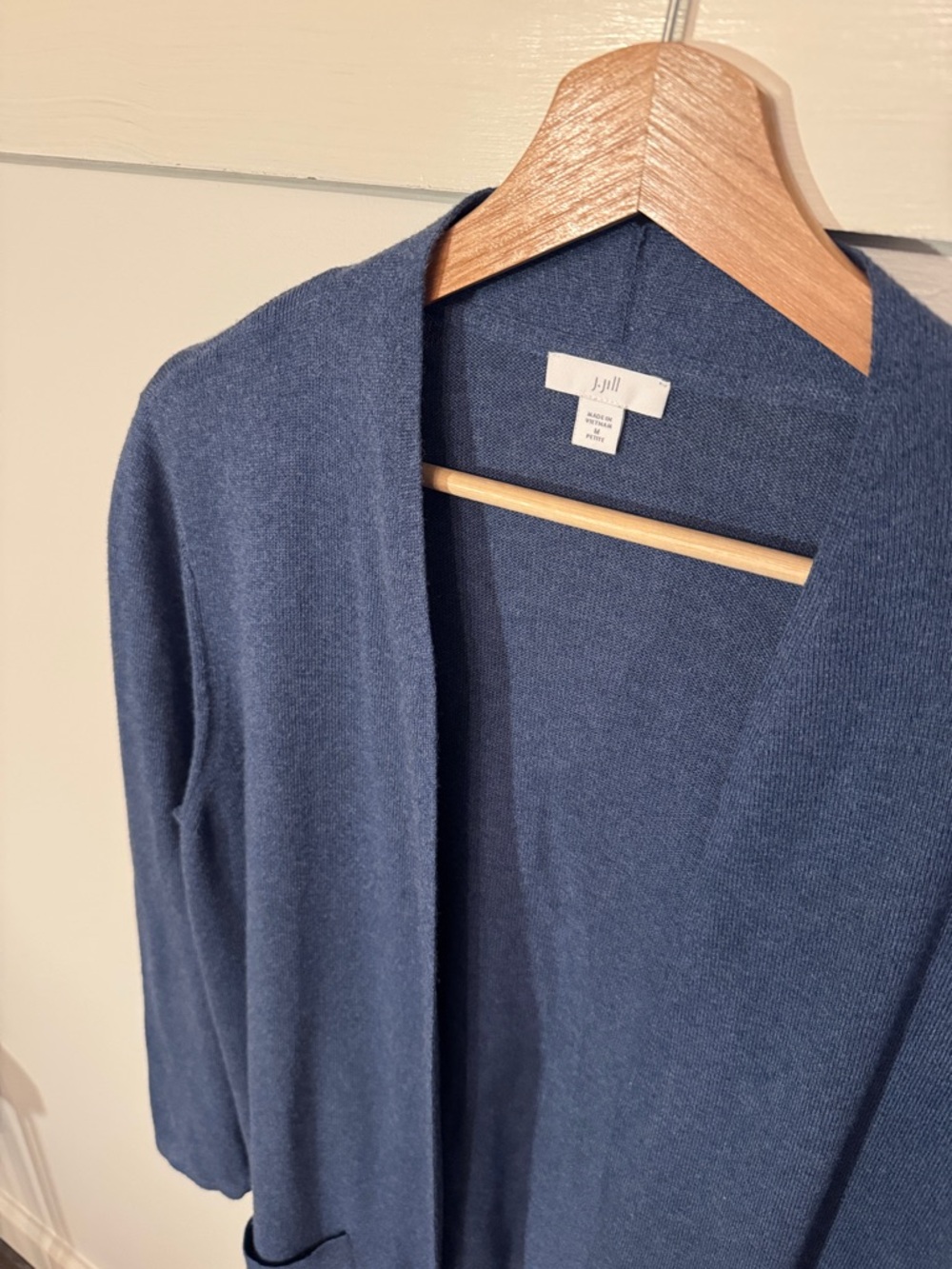 J. Jill Blue Open Front Cardigan Silk Wool Cotton Blend Lightweight Pockets M - Picture 2 of 6